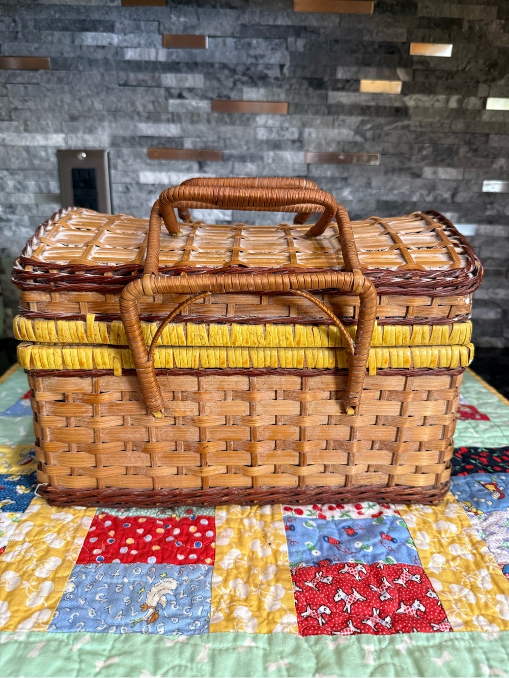 Vintage Small Woven Picnic Basket with Yellow Trim